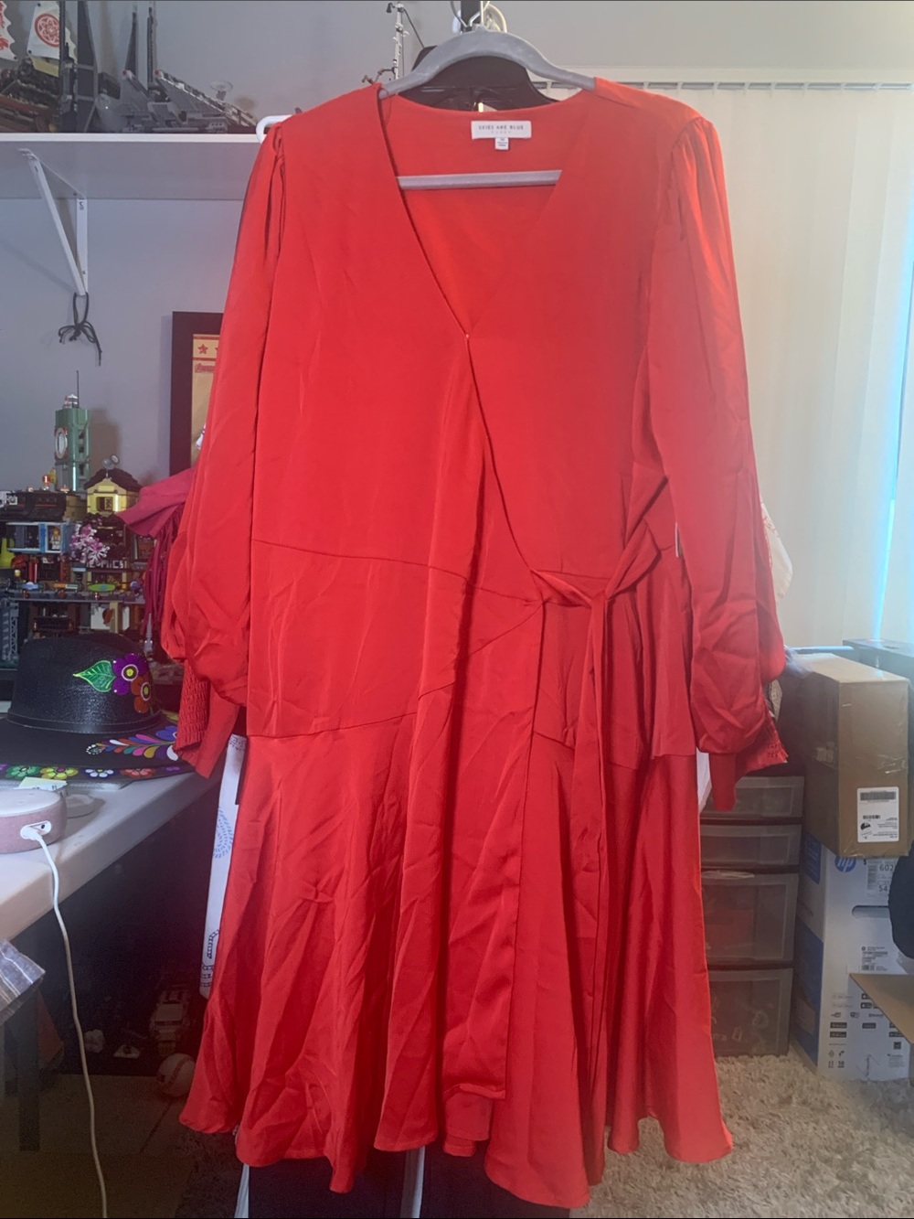 Skies are Blue Curvy Bright Red Wrap-Style Long Sleeve Midi Dress